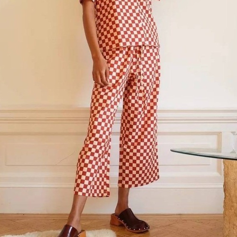Wray NYC Linen Blend Elastic Waist Wide Leg Pants Rust Check Women's Size XL